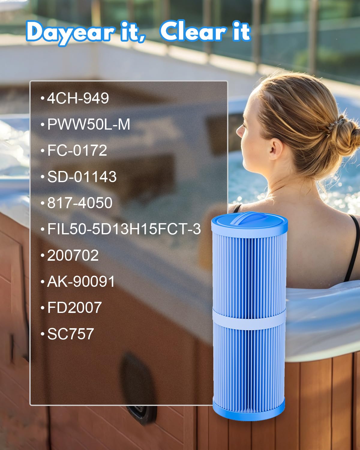 DAYEAR filter near a backyard spa illustrating cleaner water and easy maintenance benefit