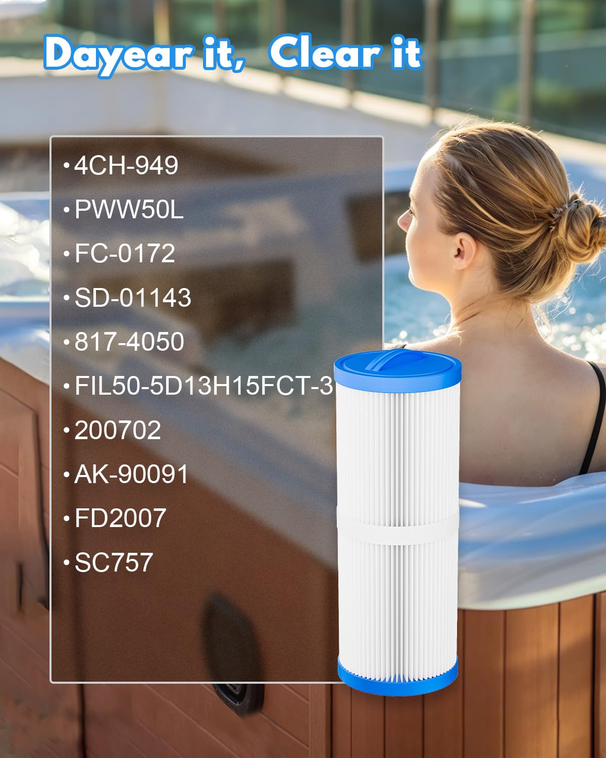DAYEAR cartridge in a clean spa setting offering clearer water benefit