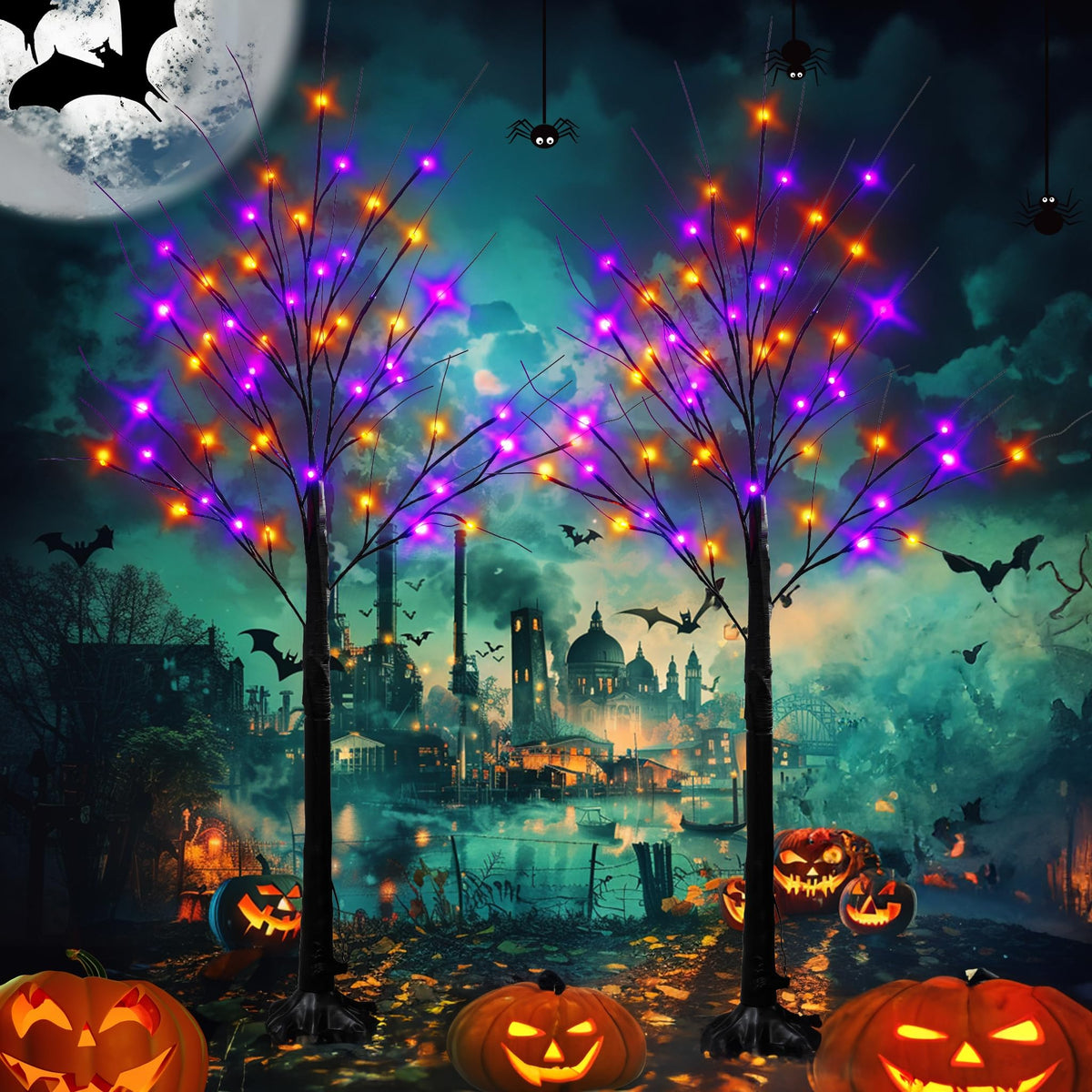 Dazzle Bright birch trees front view showing purple orange glow benefit eye-catching decor