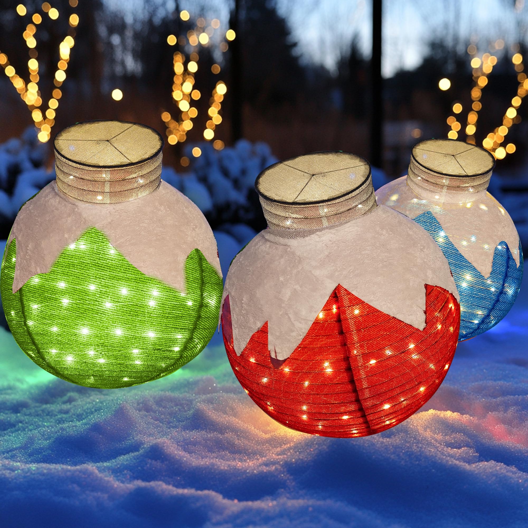 Dazzle Bright lit spheres in snowy yard creating festive outdoor ambiance