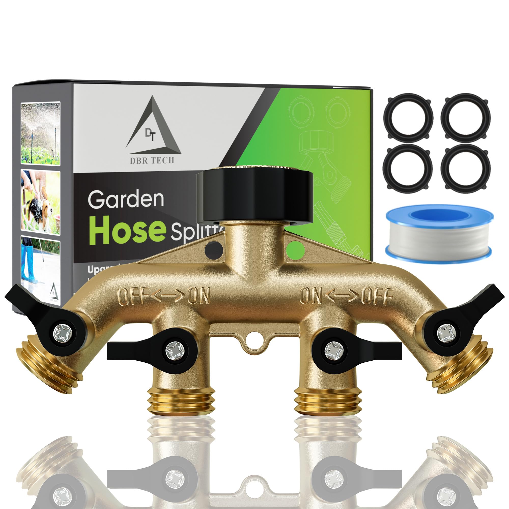 DBR Tech 4-way splitter front view shows durable brass construction and four outlets
