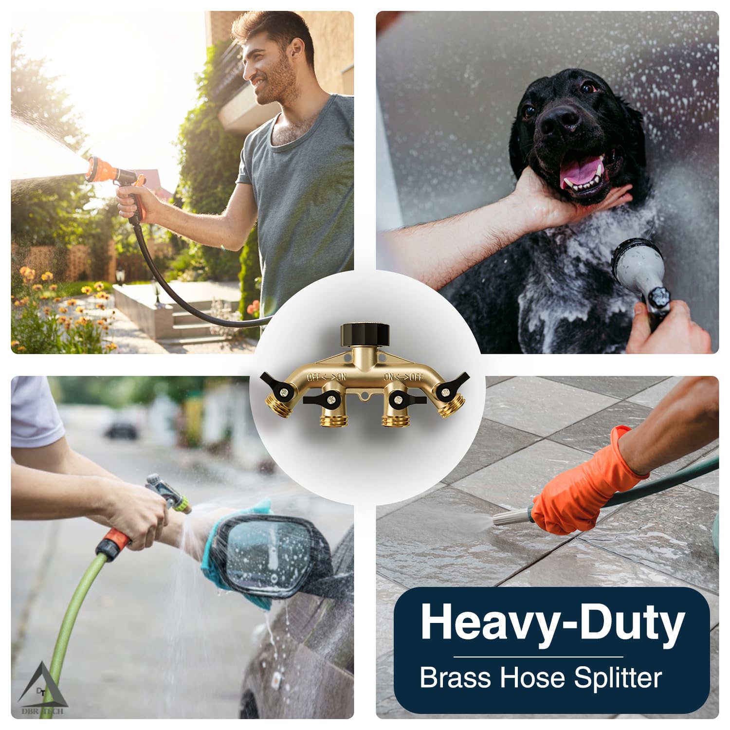 DBR Tech splitter in backyard lifestyle scene for multi-tasking outdoor chores
