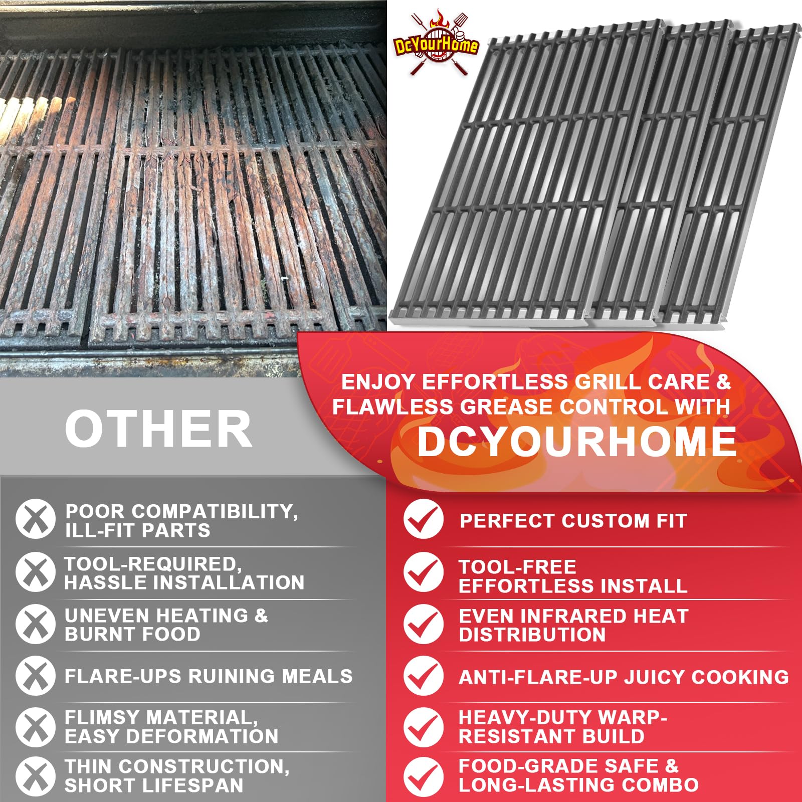 DcYourHome cast iron grate detail highlighting heavy-duty surface for better searing