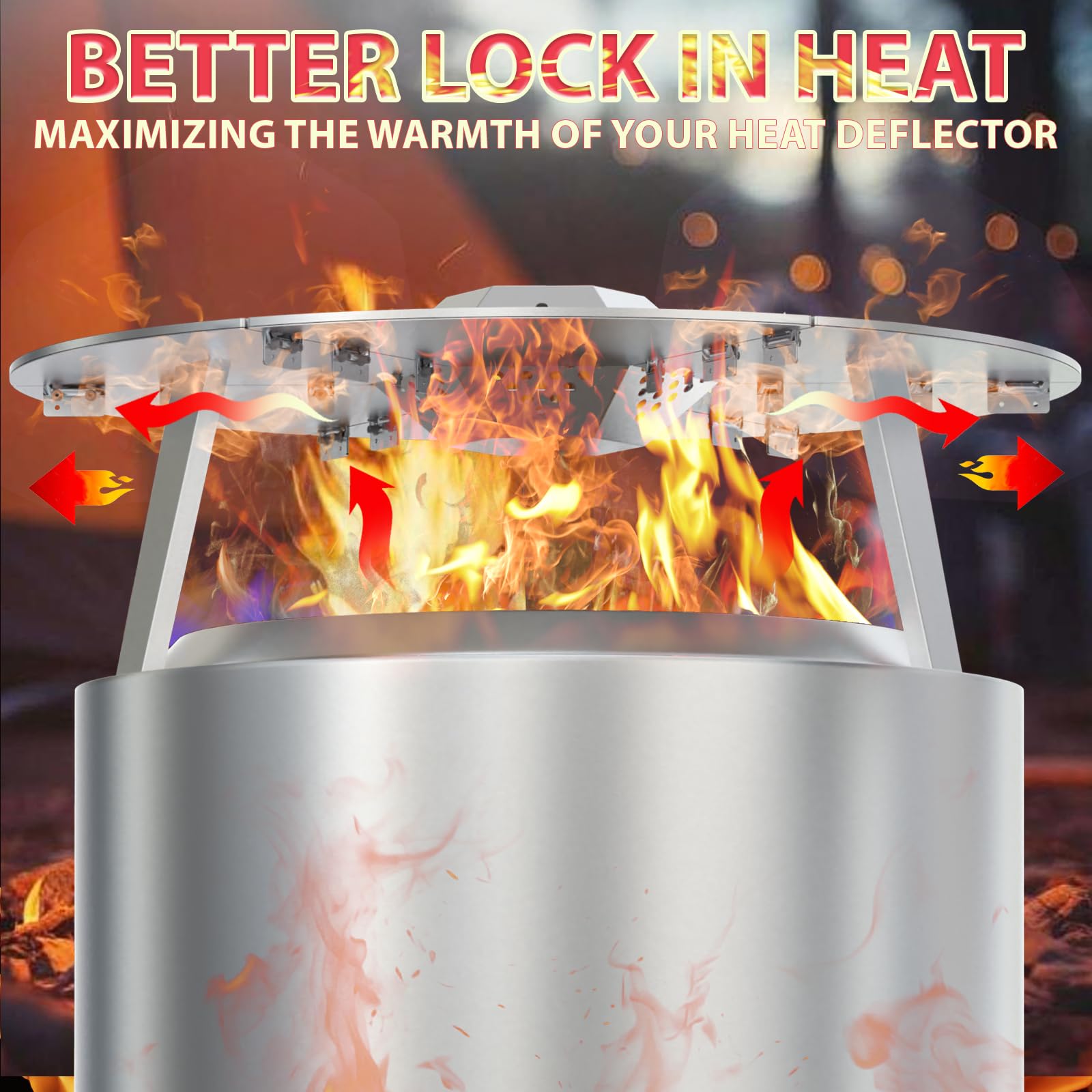 DcYourHome heat deflector in use at night around fire pit increasing comfort for guests