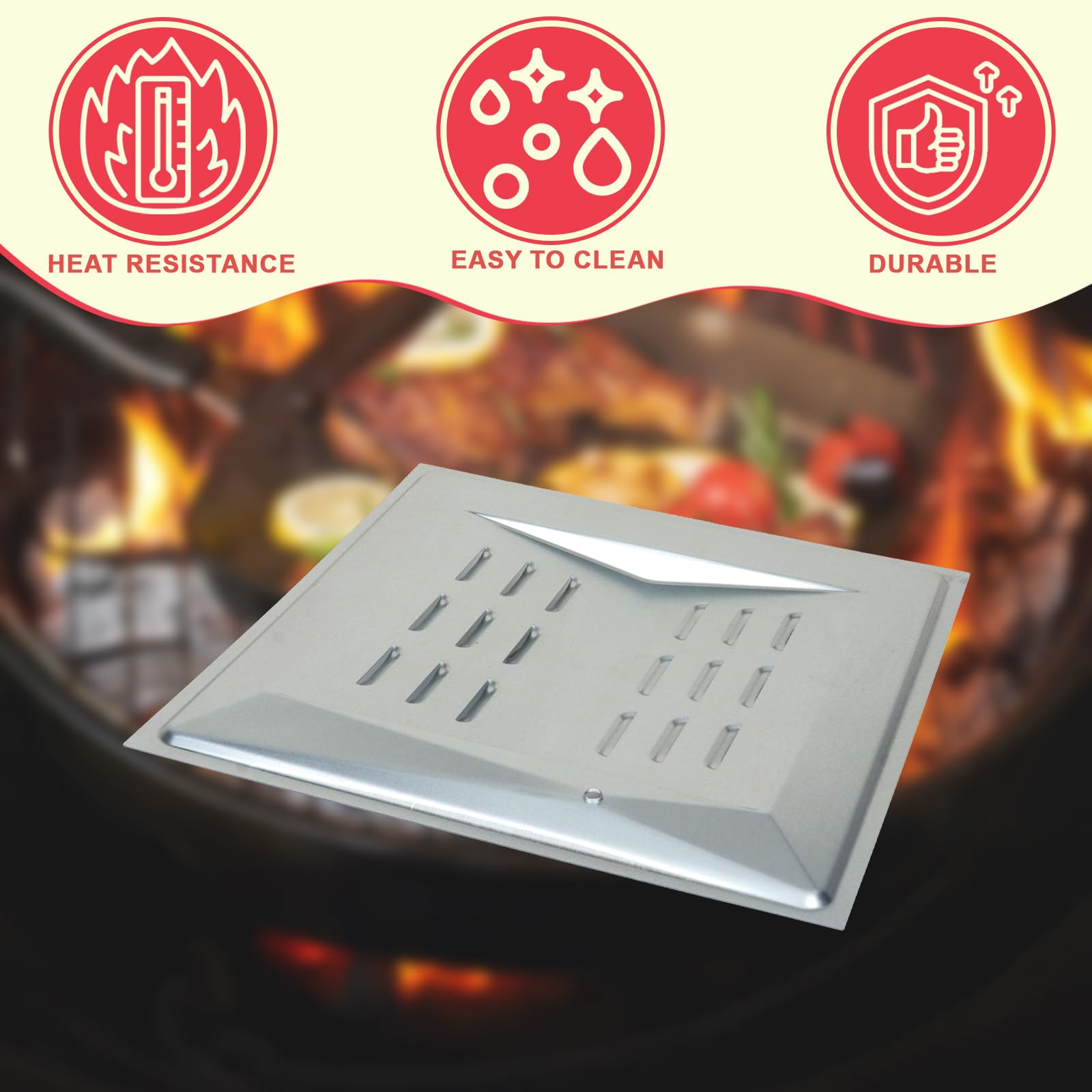 DcYourHome heat shield in use with flames and food showing even heat for consistent cooking