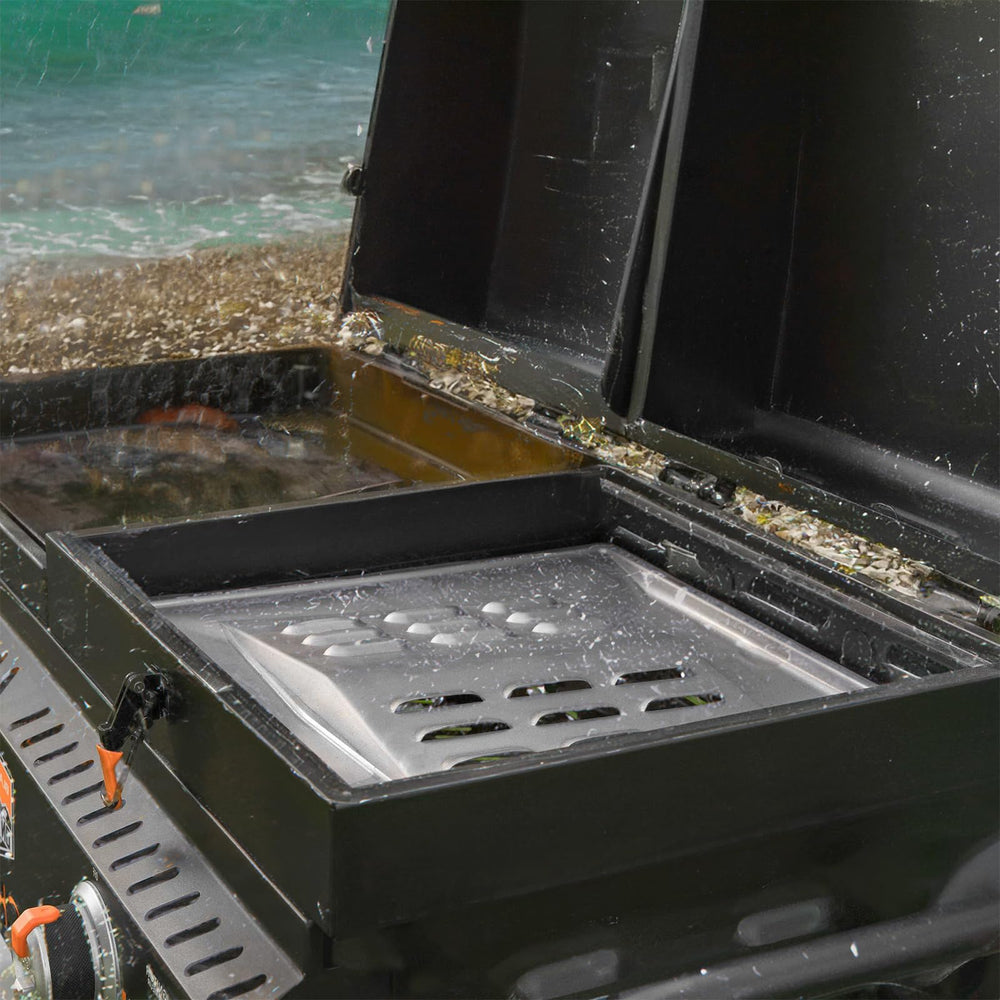 DcYourHome outdoor camping griddle setup showing the heat shield improving cooking reliability