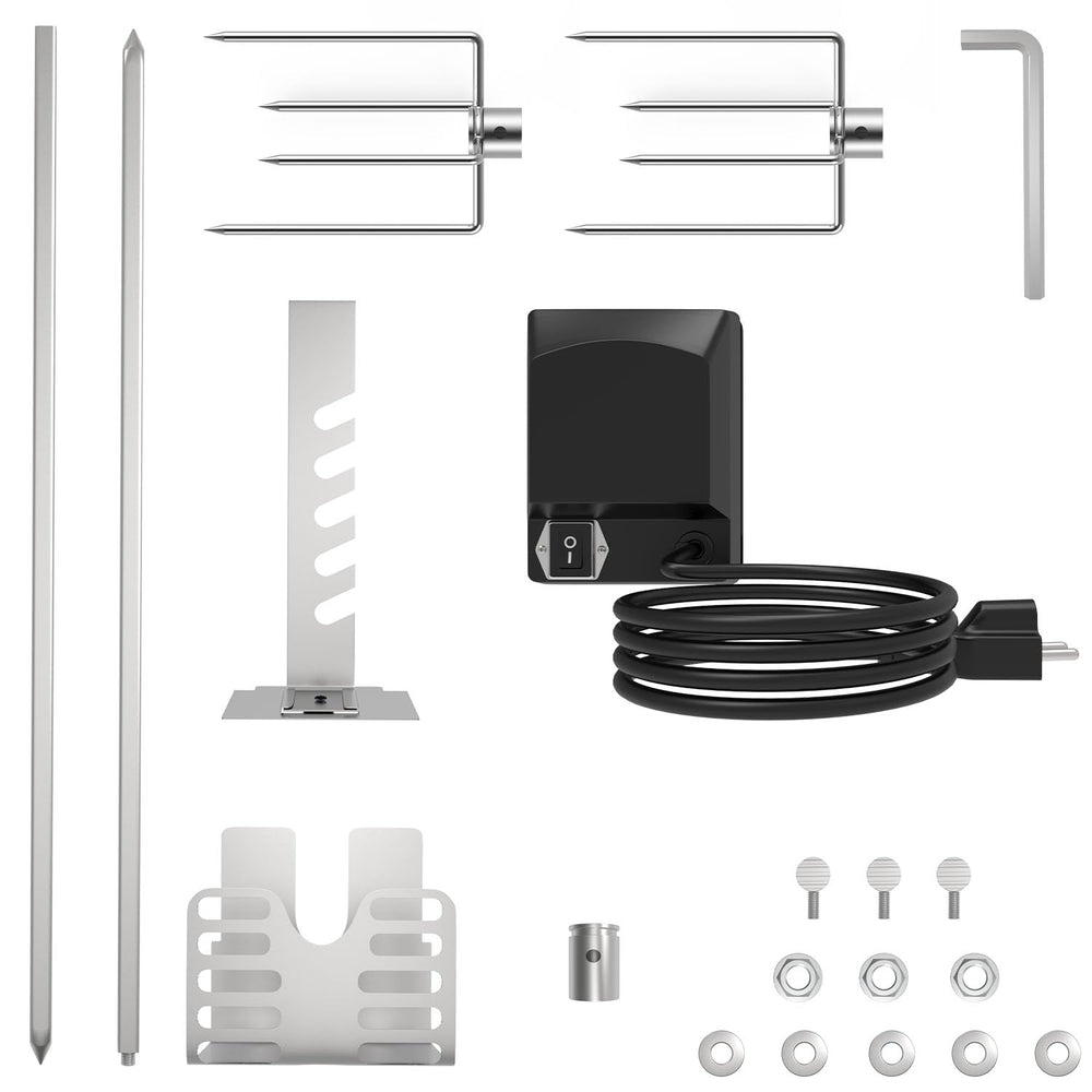 DcYourHome rotisserie mounted on a two-burner grill showing correct fit and operation