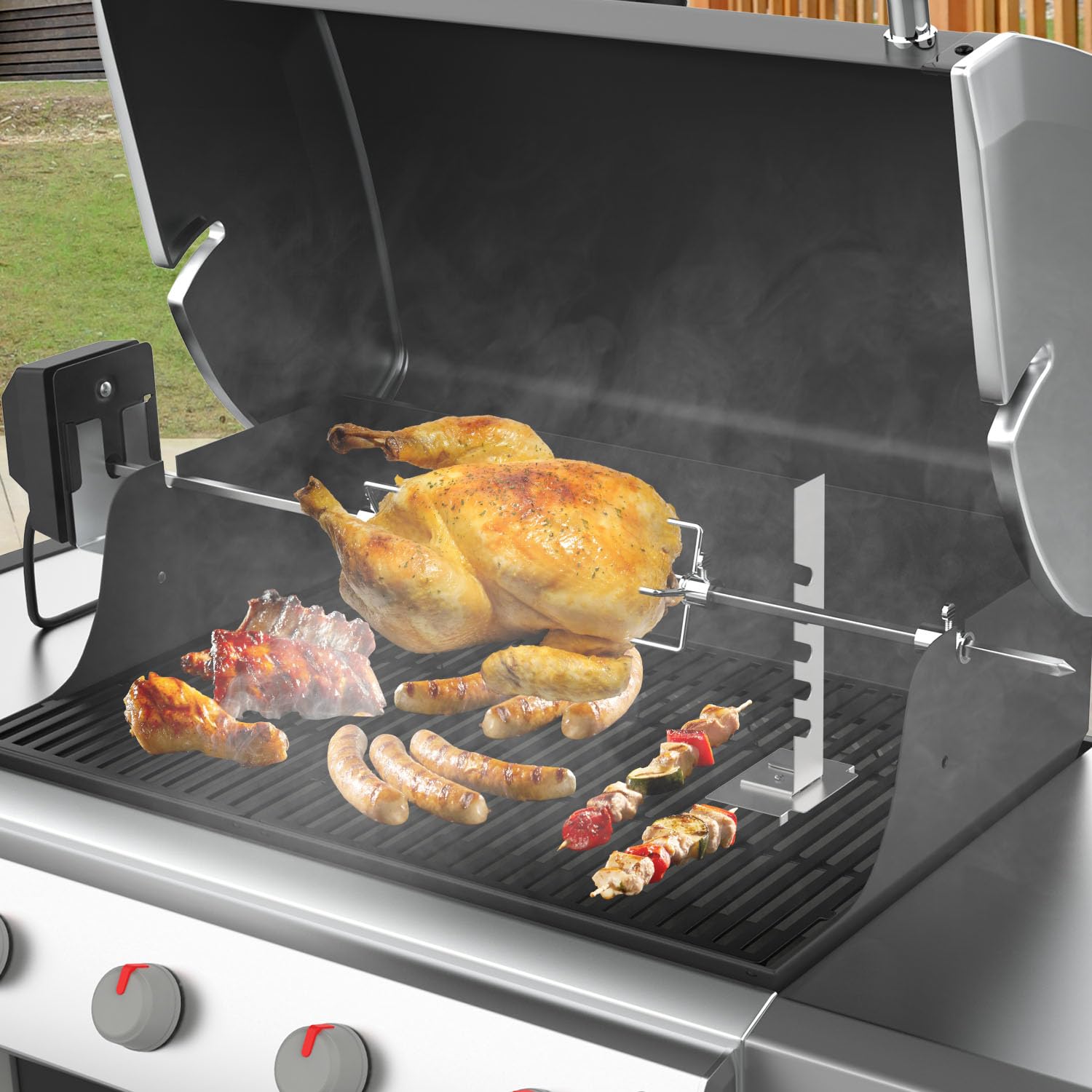 DcYourHome rotisserie next to ruler for scale indicating skewer length and capacity