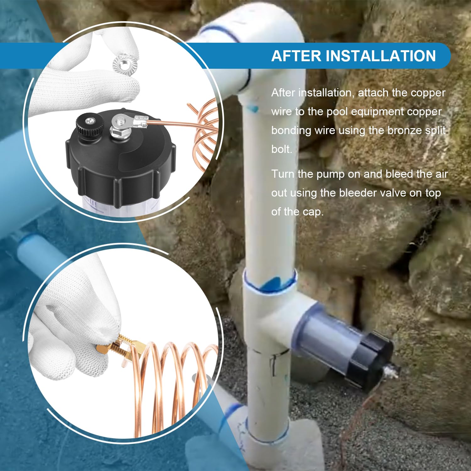 Deargooday anode installed between pump and filter demonstrating simple inline placement benefit