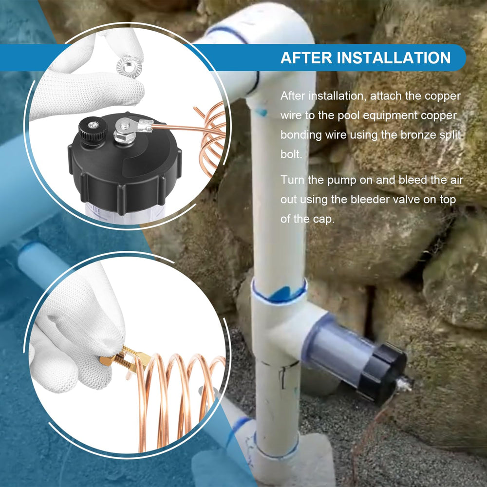Deargooday anode installed between pump and filter demonstrating simple inline placement benefit