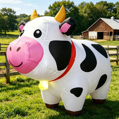 DearSun inflatable cow front view showing friendly face and spotted design for curb appeal