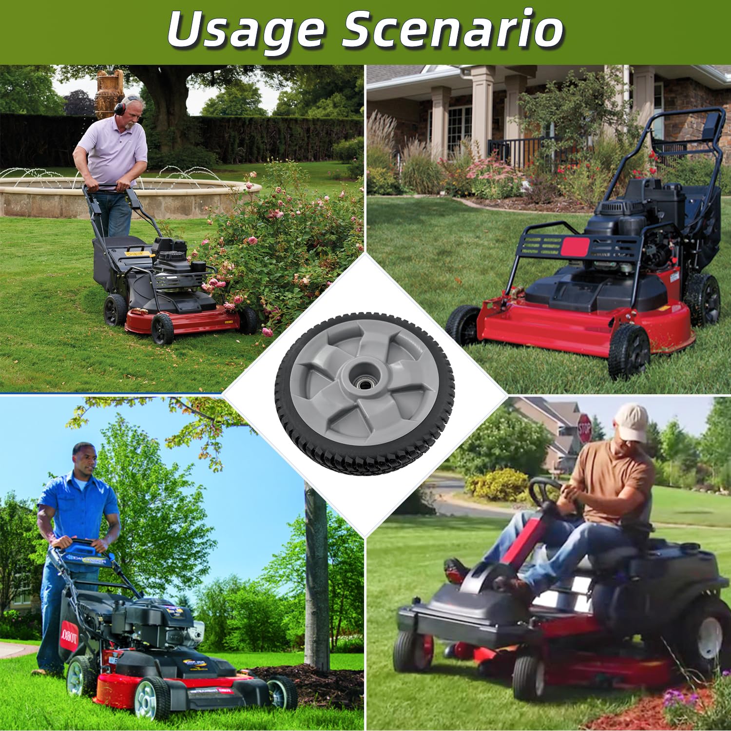 deawater front wheel on mower in yard showing smoother steering and lawn care