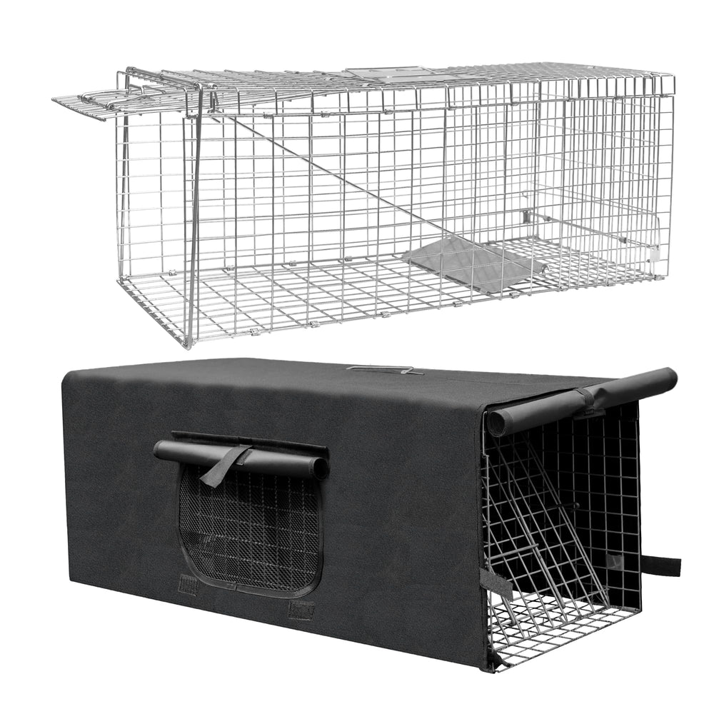 Deblue front view of trap showing secure door and benefit: clear capture visibility