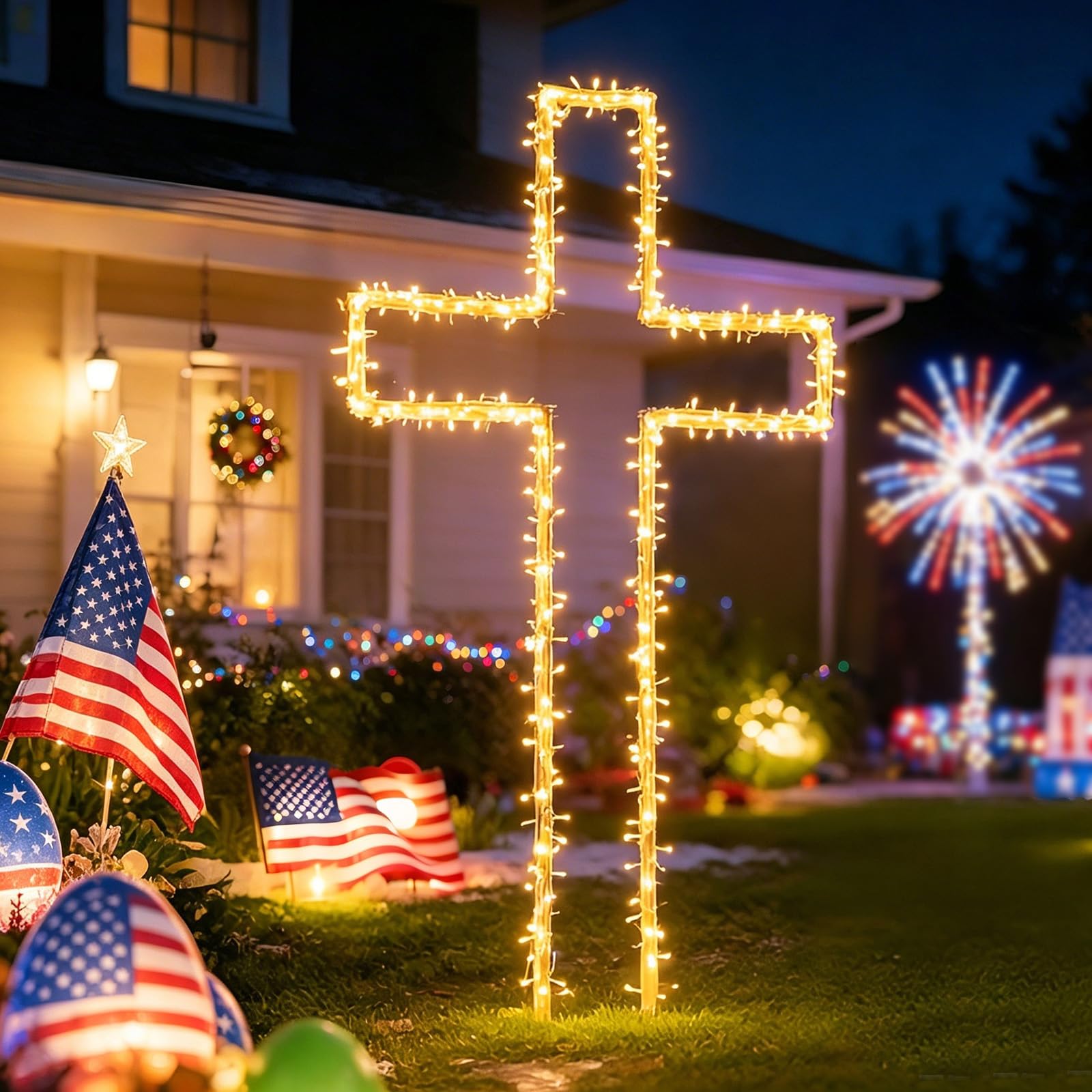 Deborg cross lit in yard at night showing DIY light-up effect and visibility