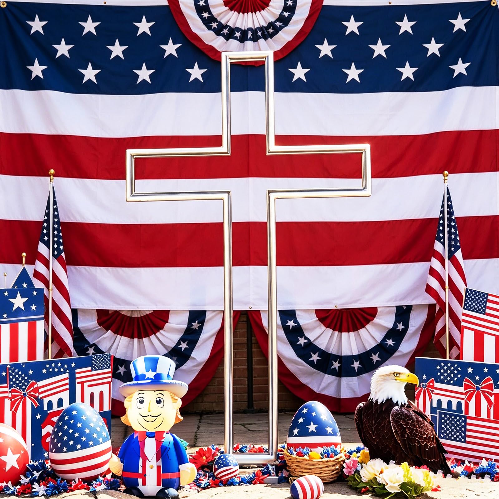 Deborg cross in a patriotic yard setting showing memorial and celebratory use