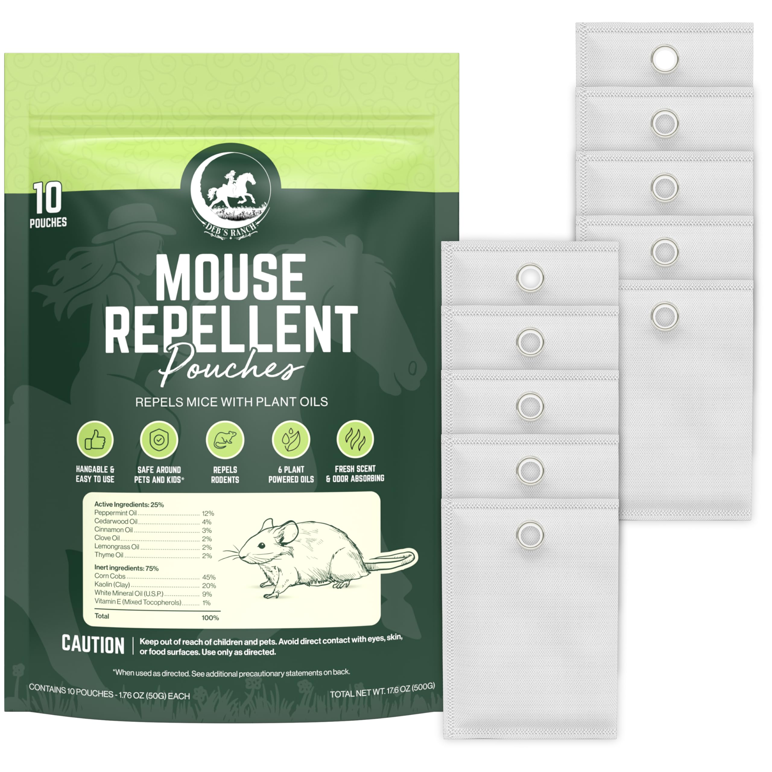 Deb's Ranch front packaging showing 10-pack and hangable pouches for effective deterrence