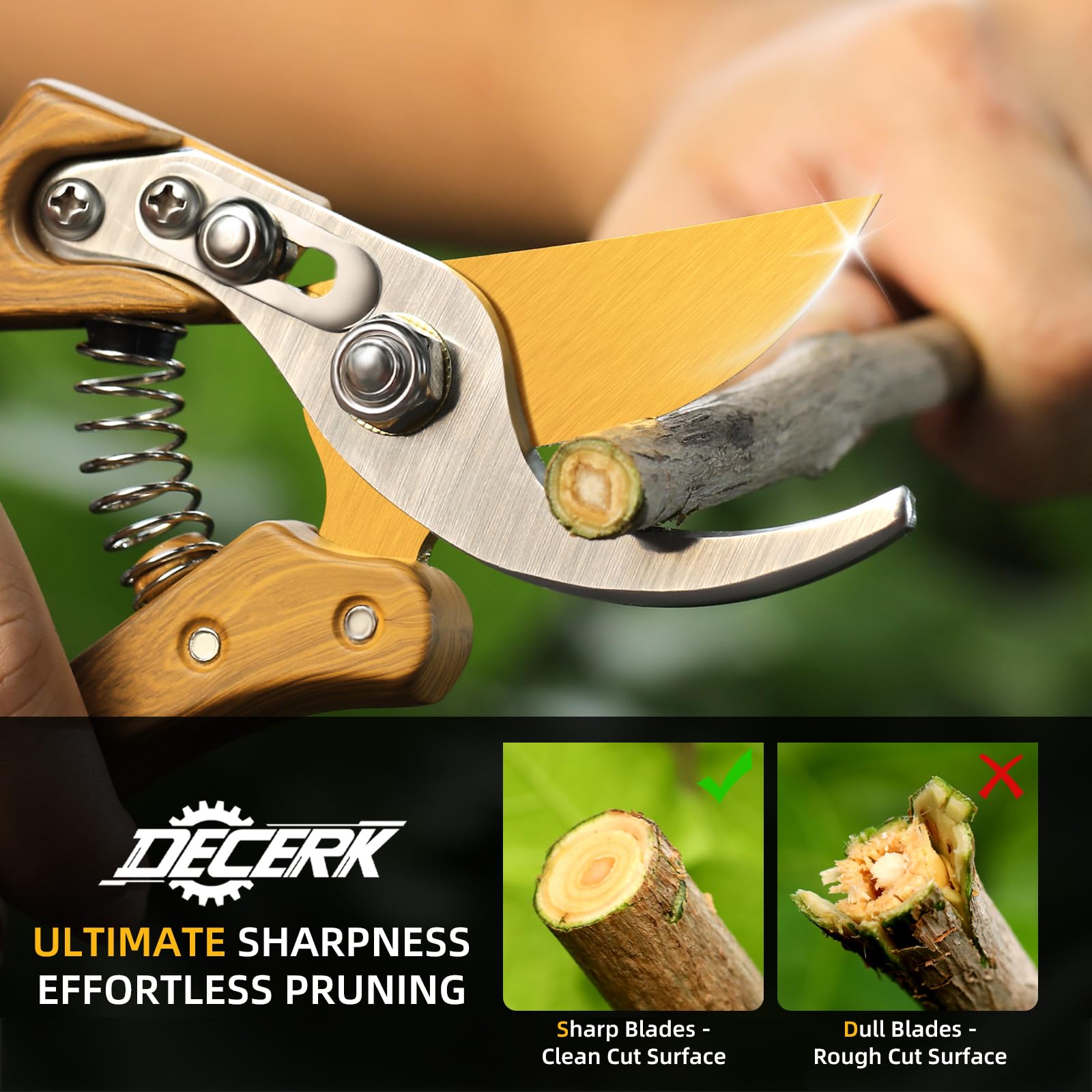 Decerk close-up of gold titanium blade edge highlighting reduced friction benefit