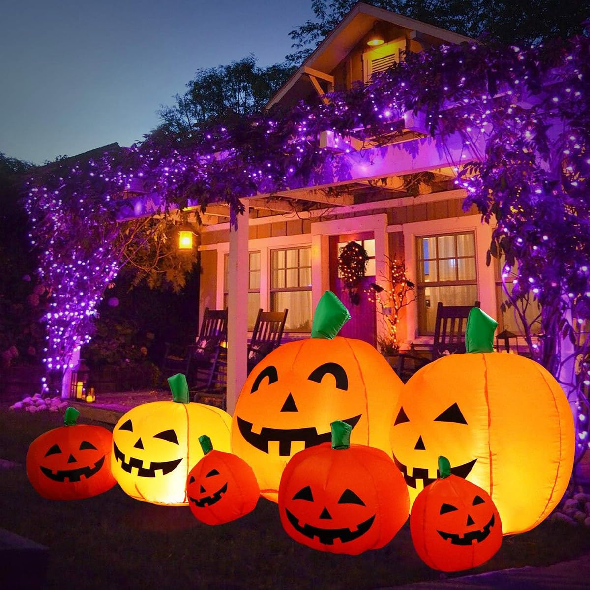 DECFINE front view of 7-pumpkin inflatable creating curb appeal