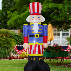 DECFINE inflatable dinosaur front view showing patriotic colors and welcoming presence