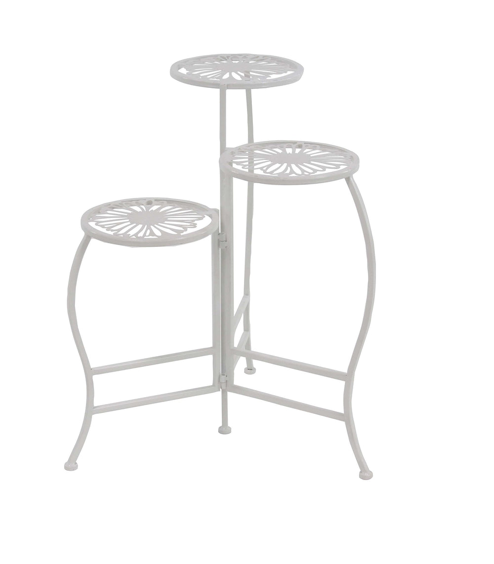 Deco 79 front view of white metal plant stand showing tiers and compact footprint for space saving