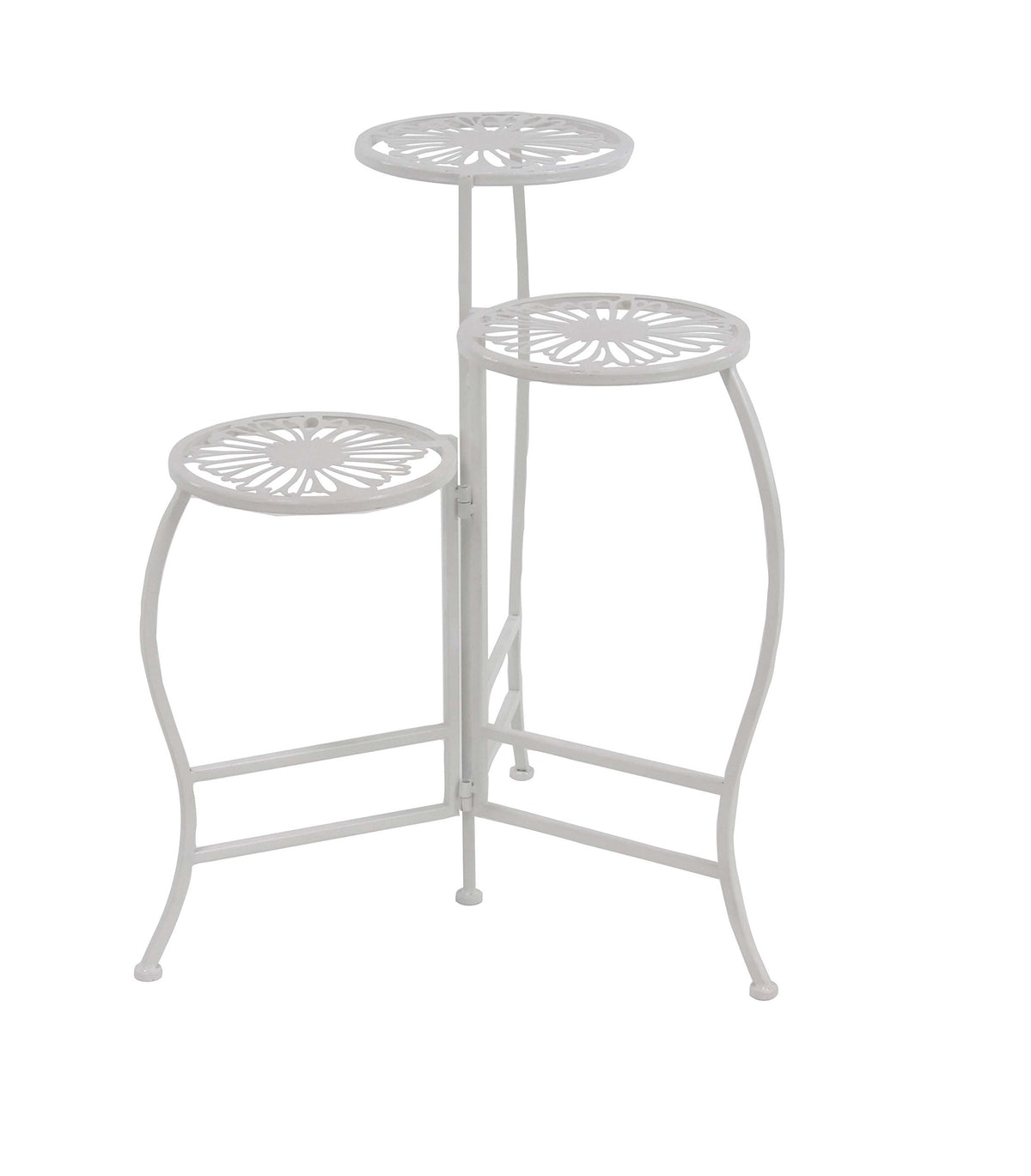 Deco 79 front view of white metal plant stand showing tiers and compact footprint for space saving