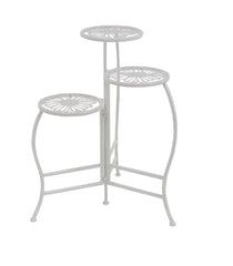 Deco 79 front view of white metal plant stand showing tiers and compact footprint for space saving