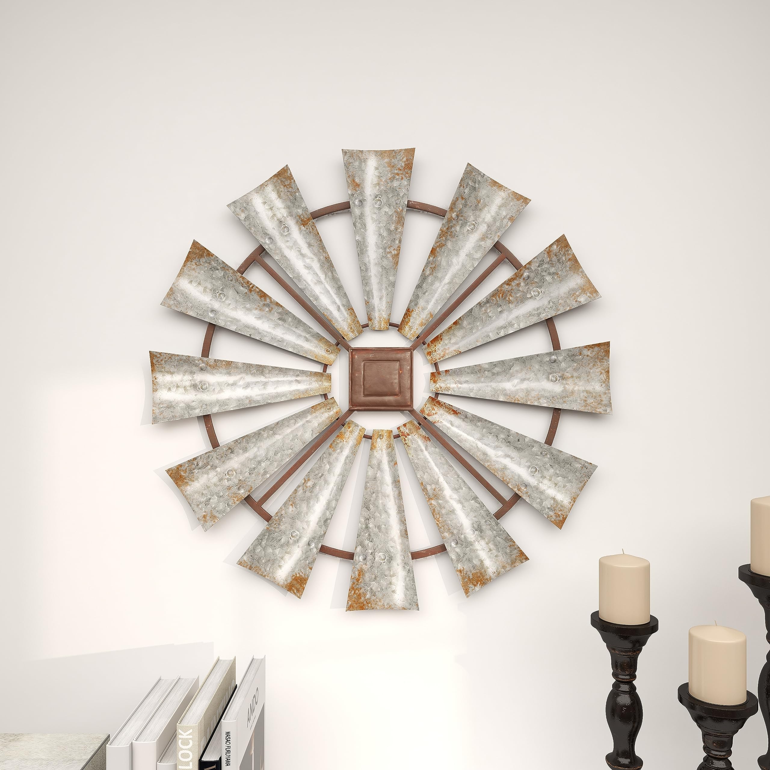 Deco 79 styled in a farmhouse vignette showing warm rustic compatibility