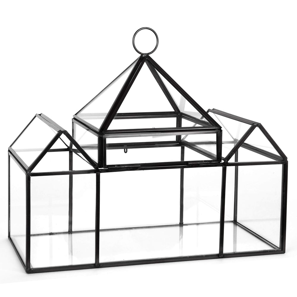 D'Eco glass castle with hinged door open demonstrating easy plant access and ventilation benefit