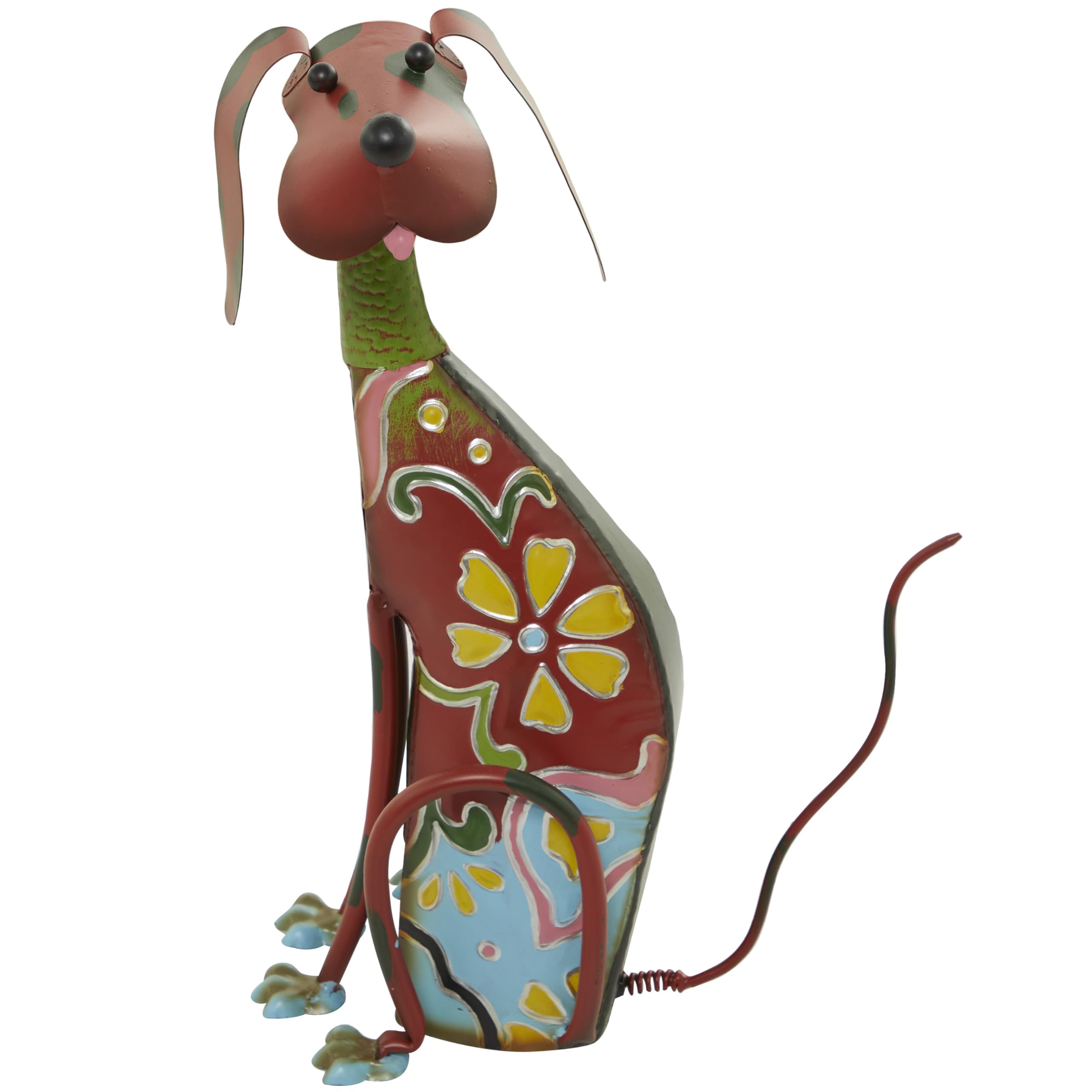 Deco 79 front view of multi colored dog statue showing vibrant welcome accent