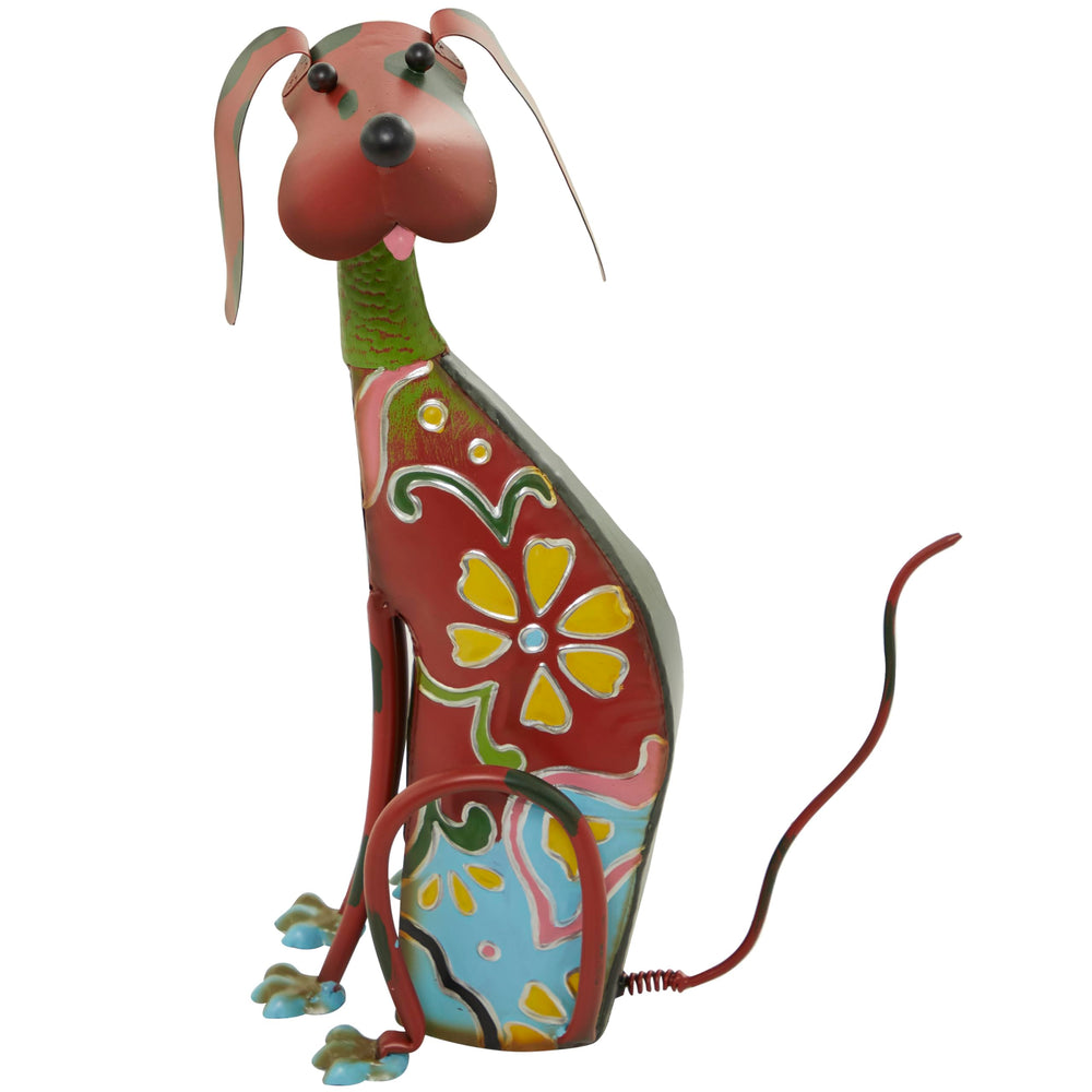 Deco 79 front view of multi colored dog statue showing vibrant welcome accent