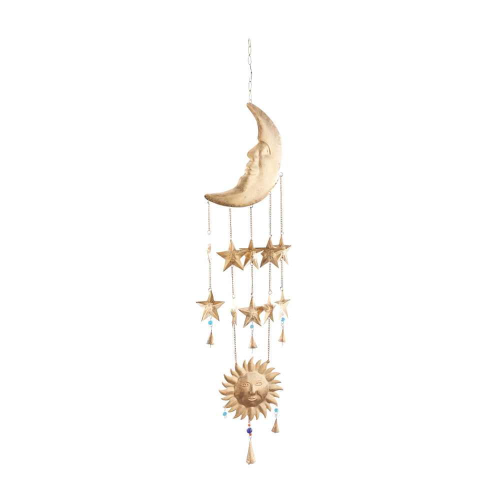deco 79 front view of gold sun and moon windchime shows warm finish and shape benefit