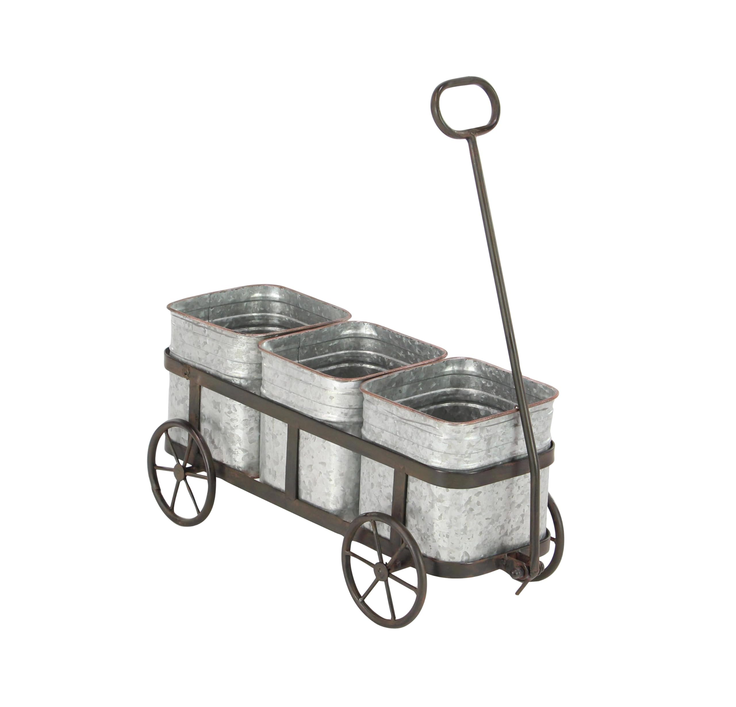 deco 79 wagon planter front view showing farmhouse silver finish and three slots for staging