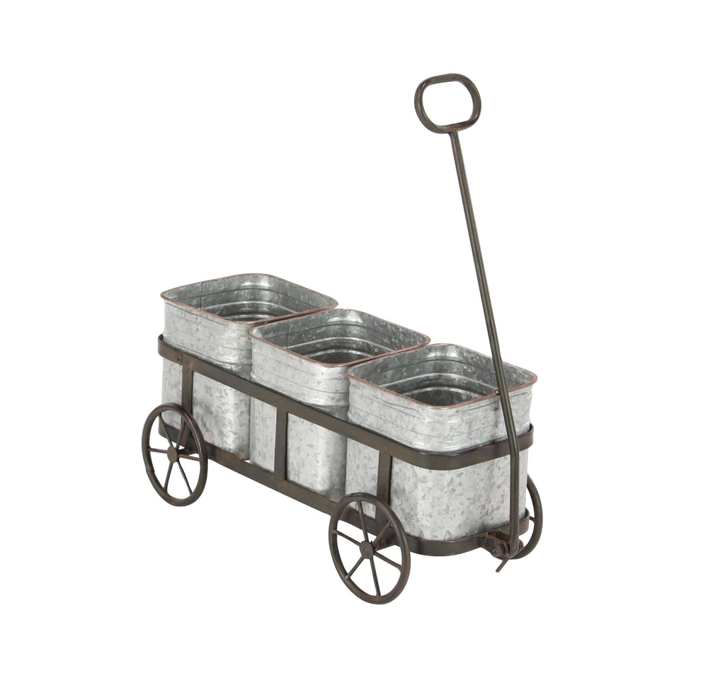 deco 79 wagon planter front view showing farmhouse silver finish and three slots for staging