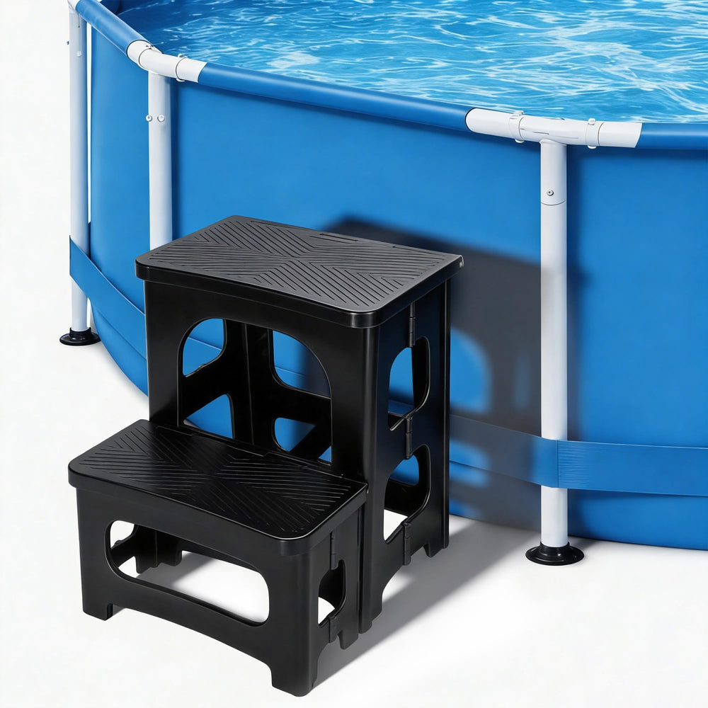 DECOHS front view folded spa steps showing compact storage benefit