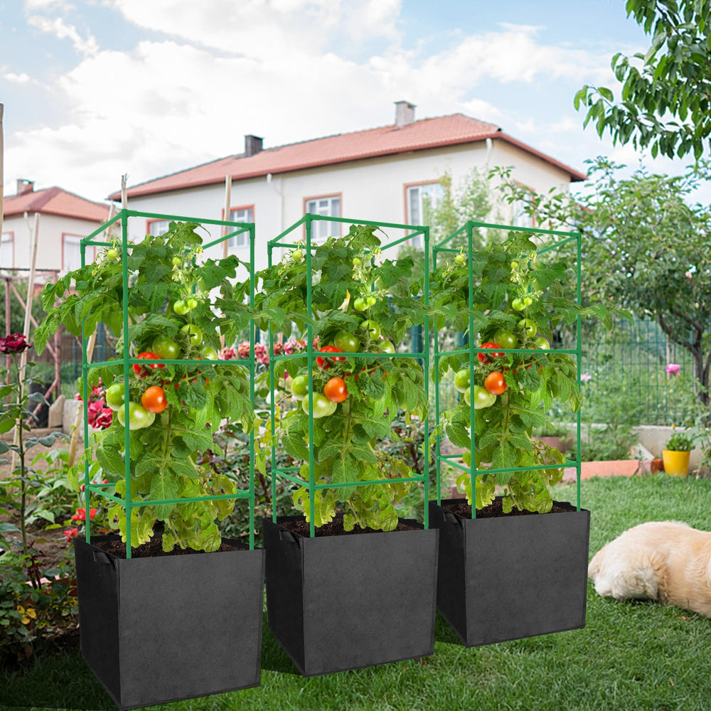 DECOHS patio garden scene with three cages maximizing vertical space