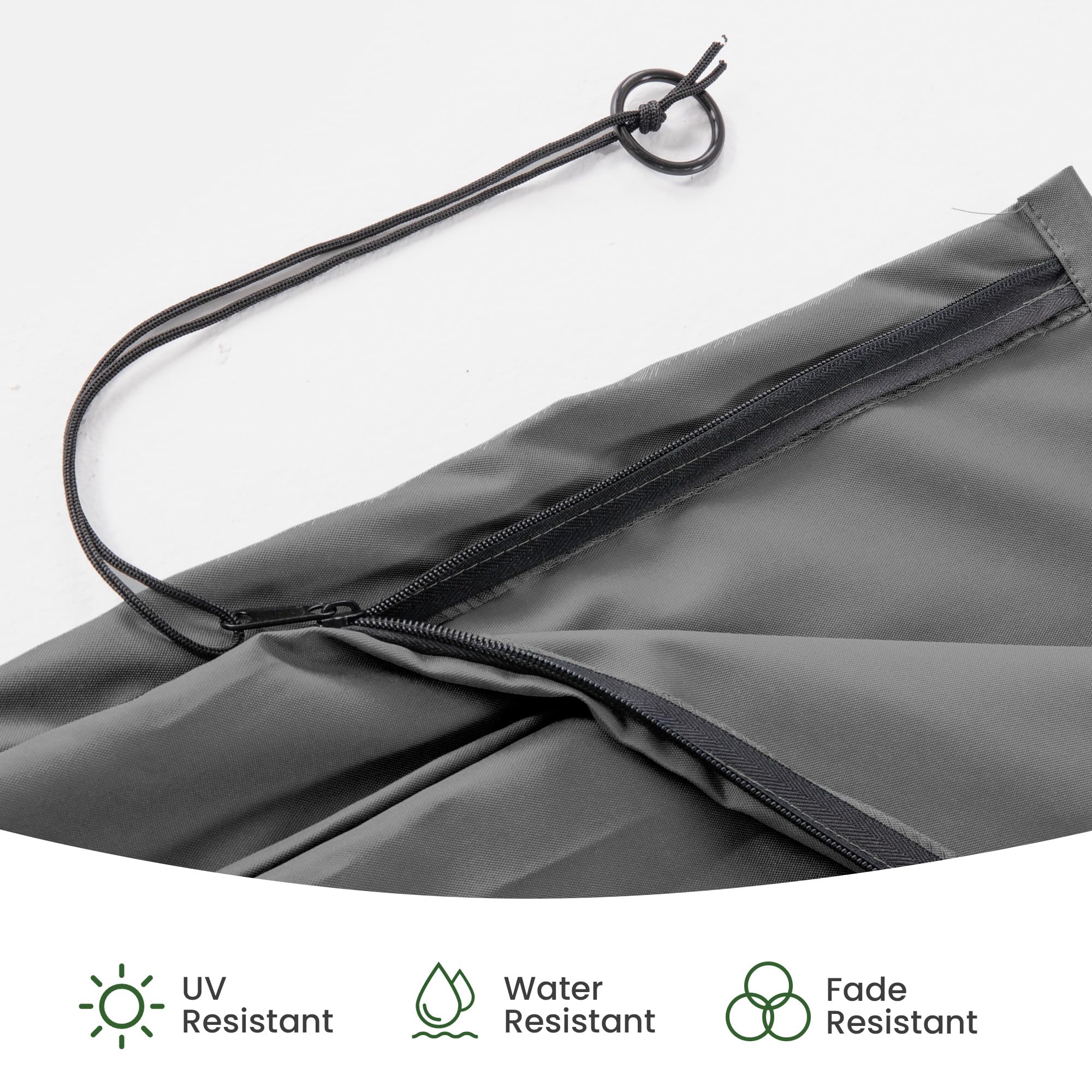 Deconk covered offset umbrella in backyard protecting canopy from rain and dust