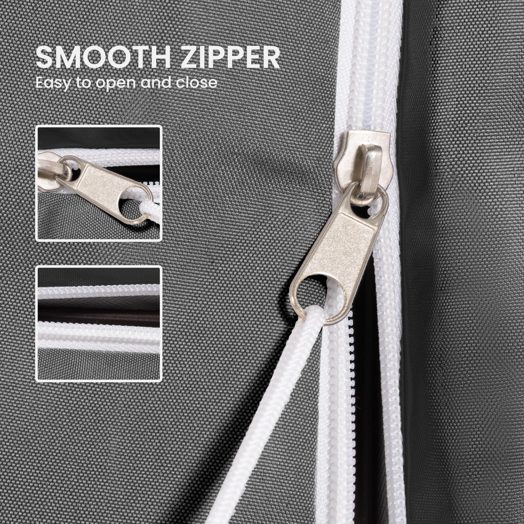 Deconk zipper detail with long cord for quick removal and secure closure convenience