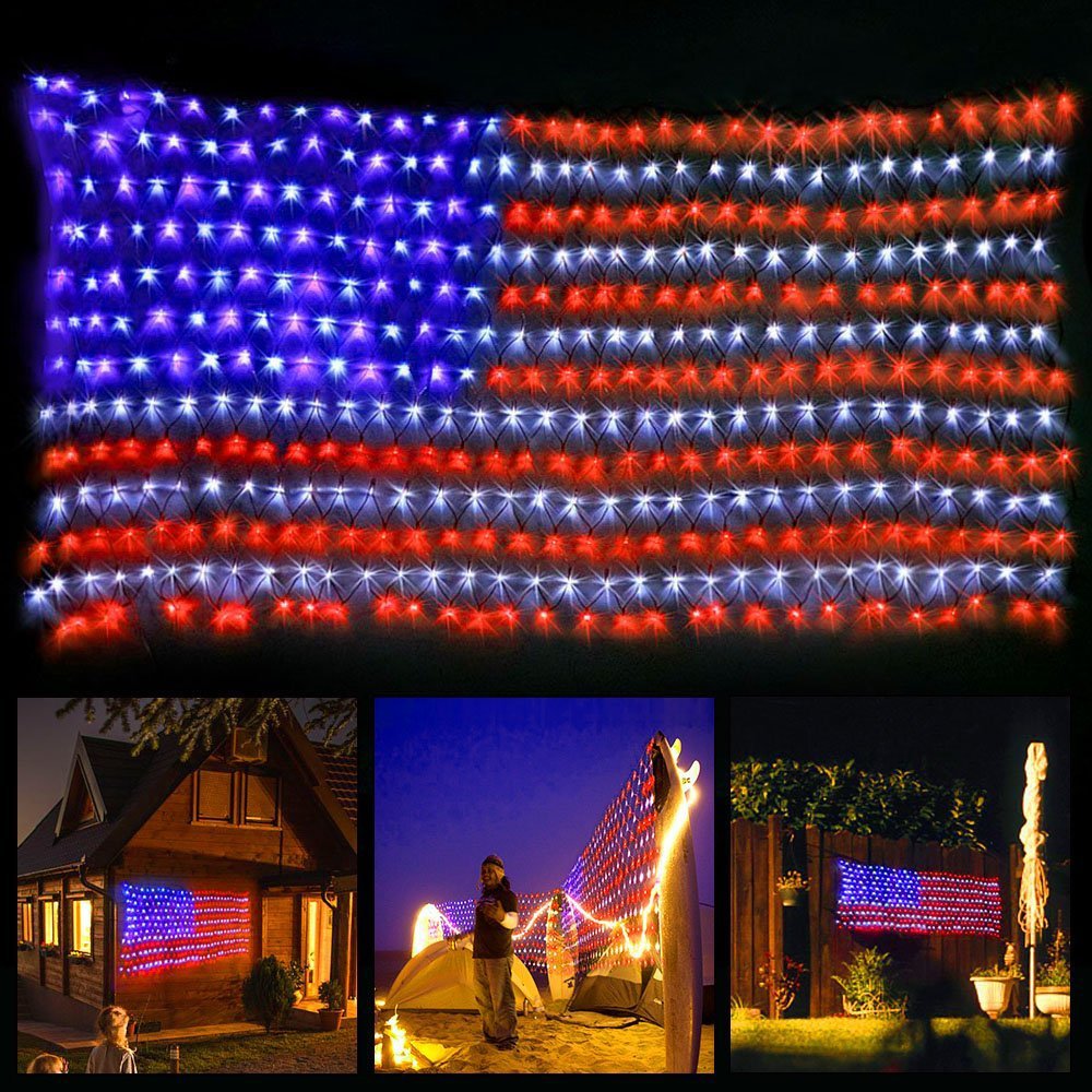 Decute front view of flag net lights showing full American flag and bright curb appeal