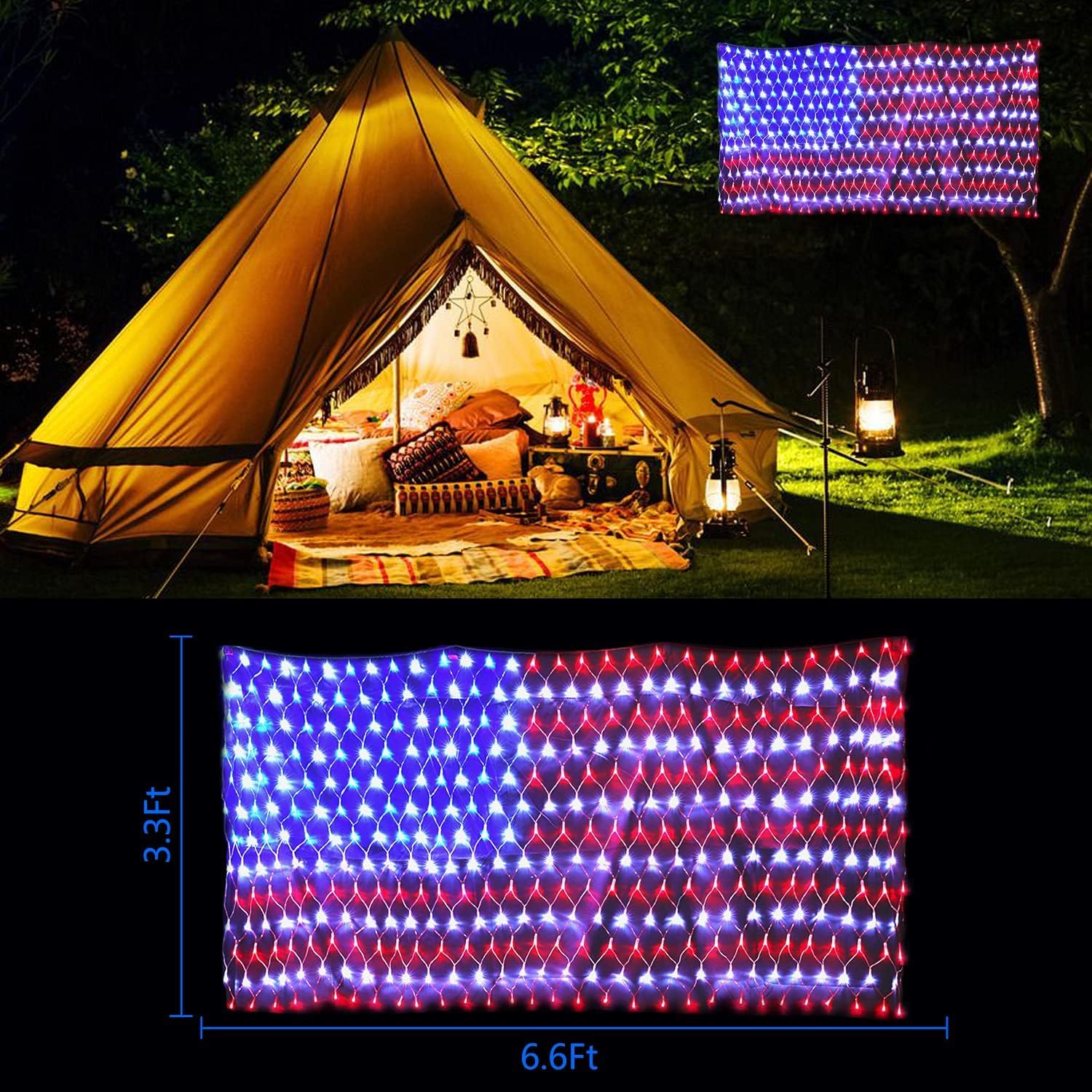Decute flag lights hung on a porch providing festive decoration and welcoming glow