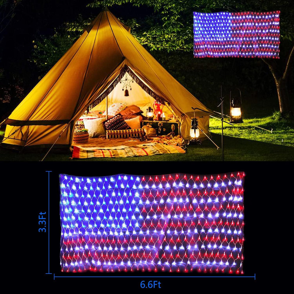 Decute flag lights hung on a porch providing festive decoration and welcoming glow