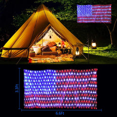 Decute flag lights hung on a porch providing festive decoration and welcoming glow