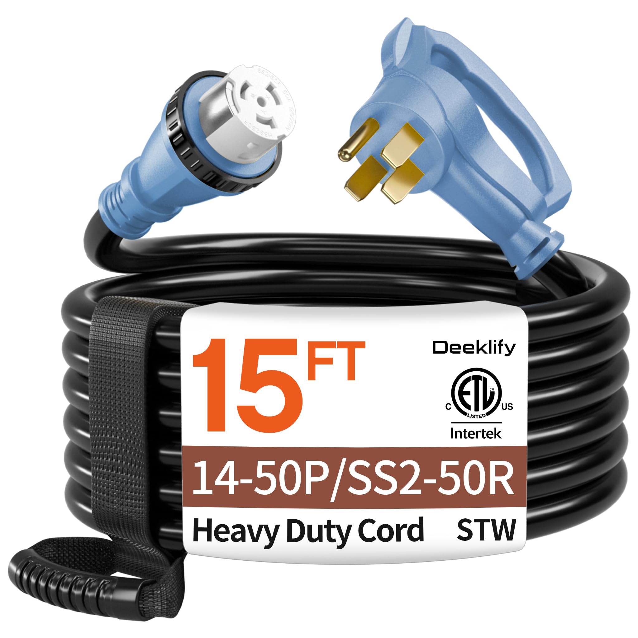 Deeklify front view of NEMA14-50P and SS2-50R showing secure connection and safety
