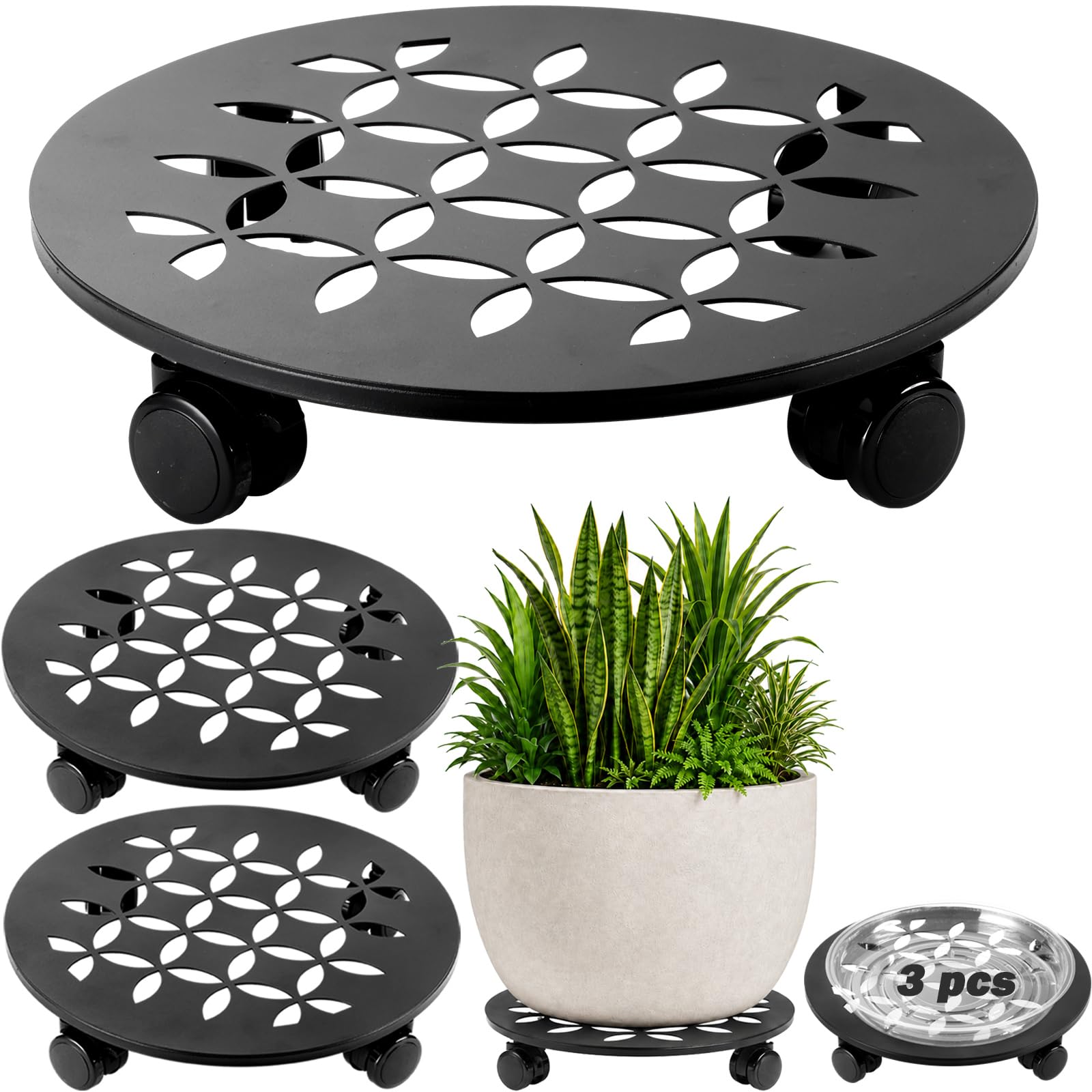 DEELF OUTLET front view of metal plant caddy showing sturdy platform and wheels for stability