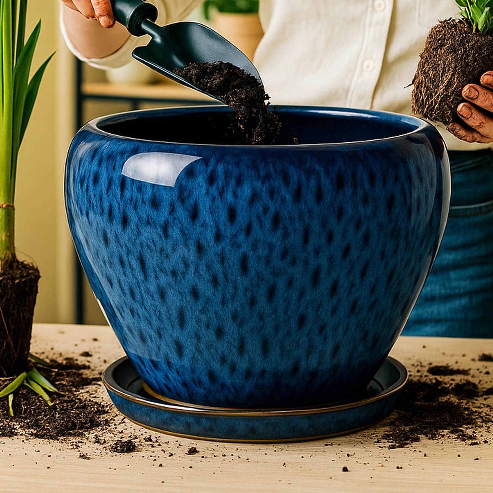 Deep Dream planter filled with monstera demonstrating suitability for larger indoor plants