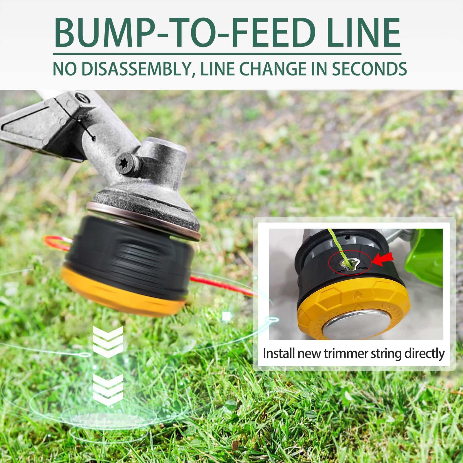 Deeploving head tapped on lawn demonstrating bump‑feed convenience and speed