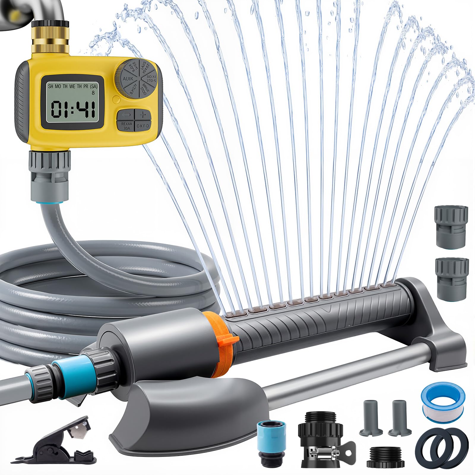 Deepoter oscillating sprinkler front view showing stable base and spray head benefit even watering