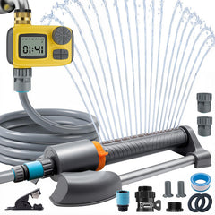 Deepoter oscillating sprinkler front view showing stable base and spray head benefit even watering