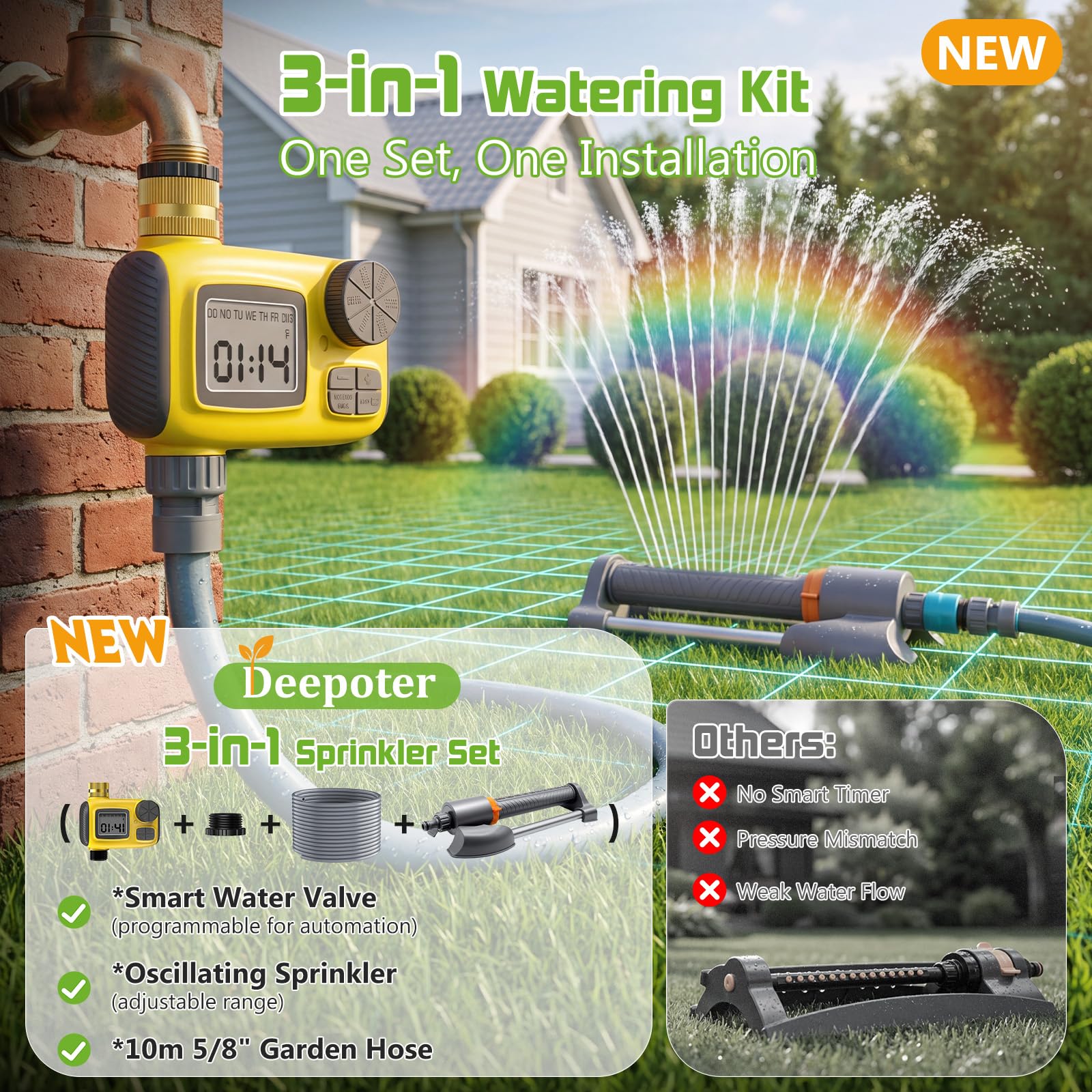 Deepoter sprinkler installed in backyard lawn showing hands-free watering benefit
