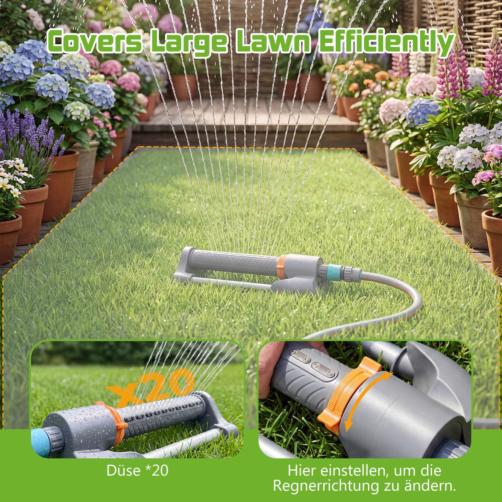Deepoter sprinkler spraying wide rain-like pattern showing coverage benefit for lawns
