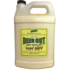 Deer Out front label on 1 gallon jug showing brand and usage benefits